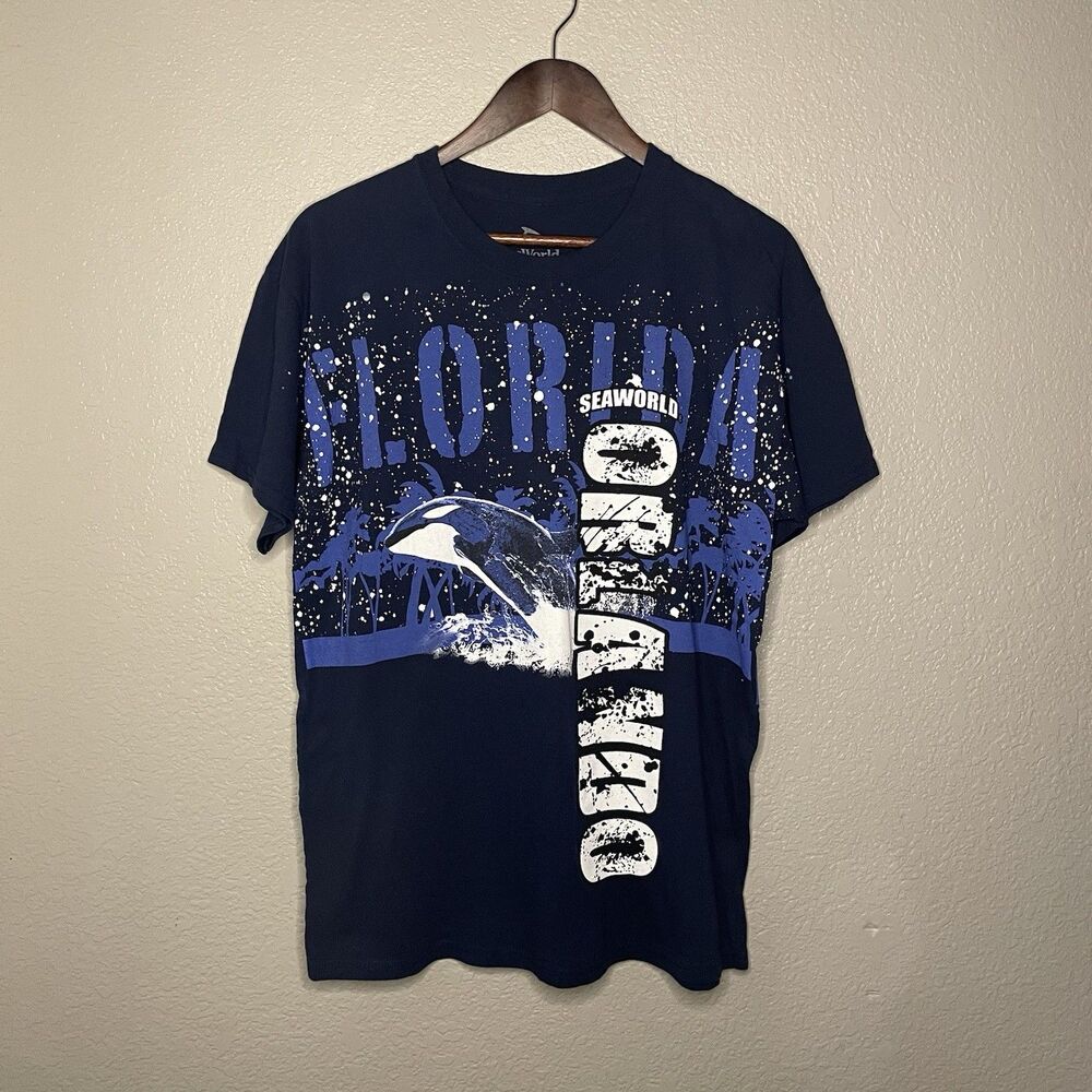 Sea World Orlando Florida Navy Blue Whale Graphic All Over Print T Shirt Large